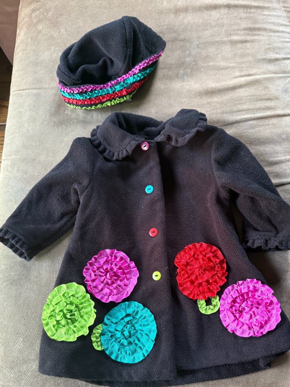 Bonnie Baby 12 month Black Coat with Matching hat - colorful accents
